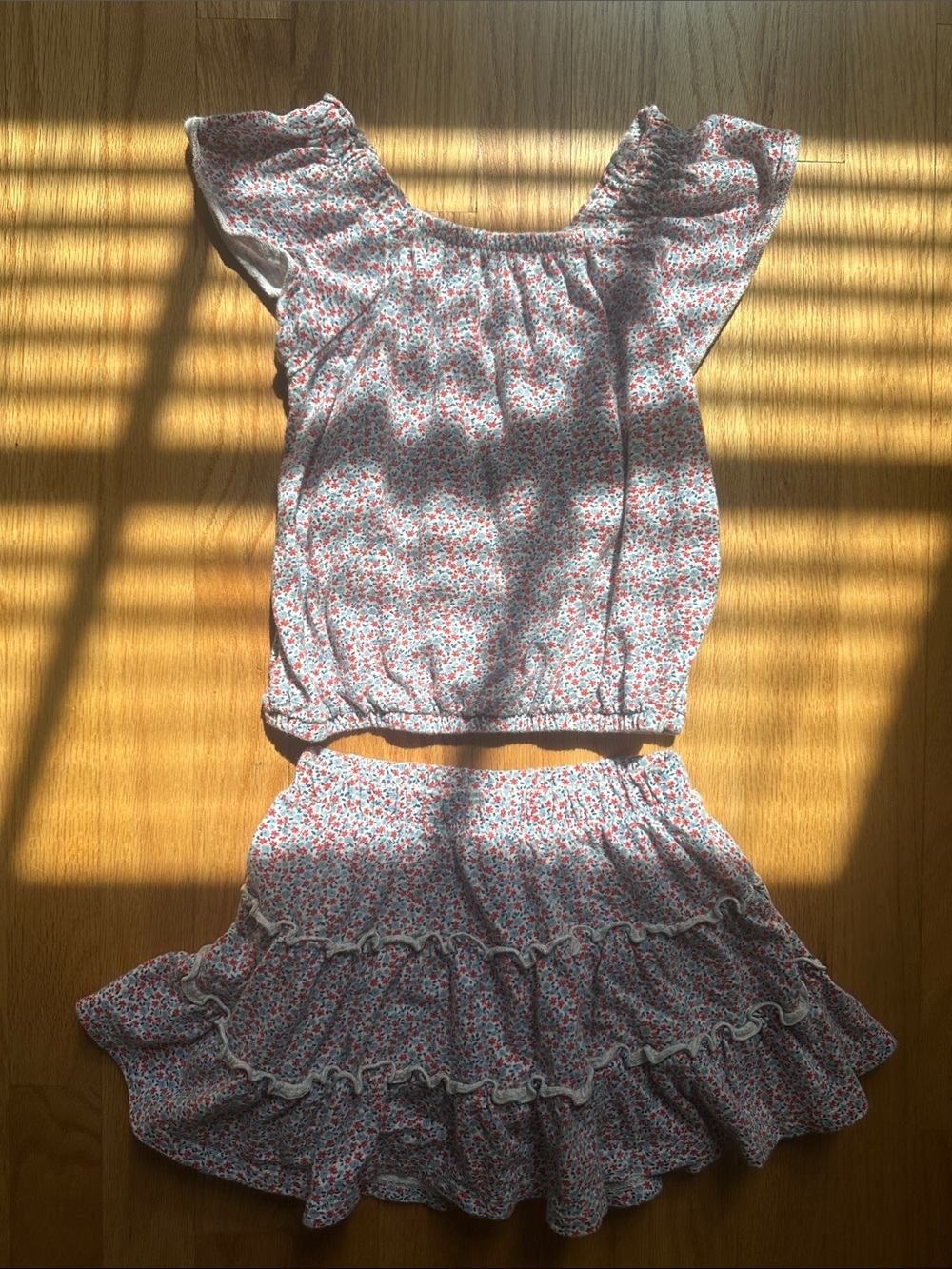 Girls Ditsy Floral Pink Two-Piece Set - Ruffled Top & Tiered Skort